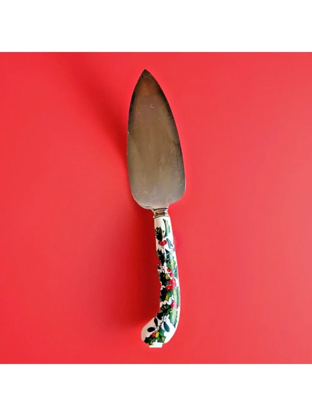 Prill Sheffield Cake Pie Server Porcelain Handle Holly Berries Stainless Steel